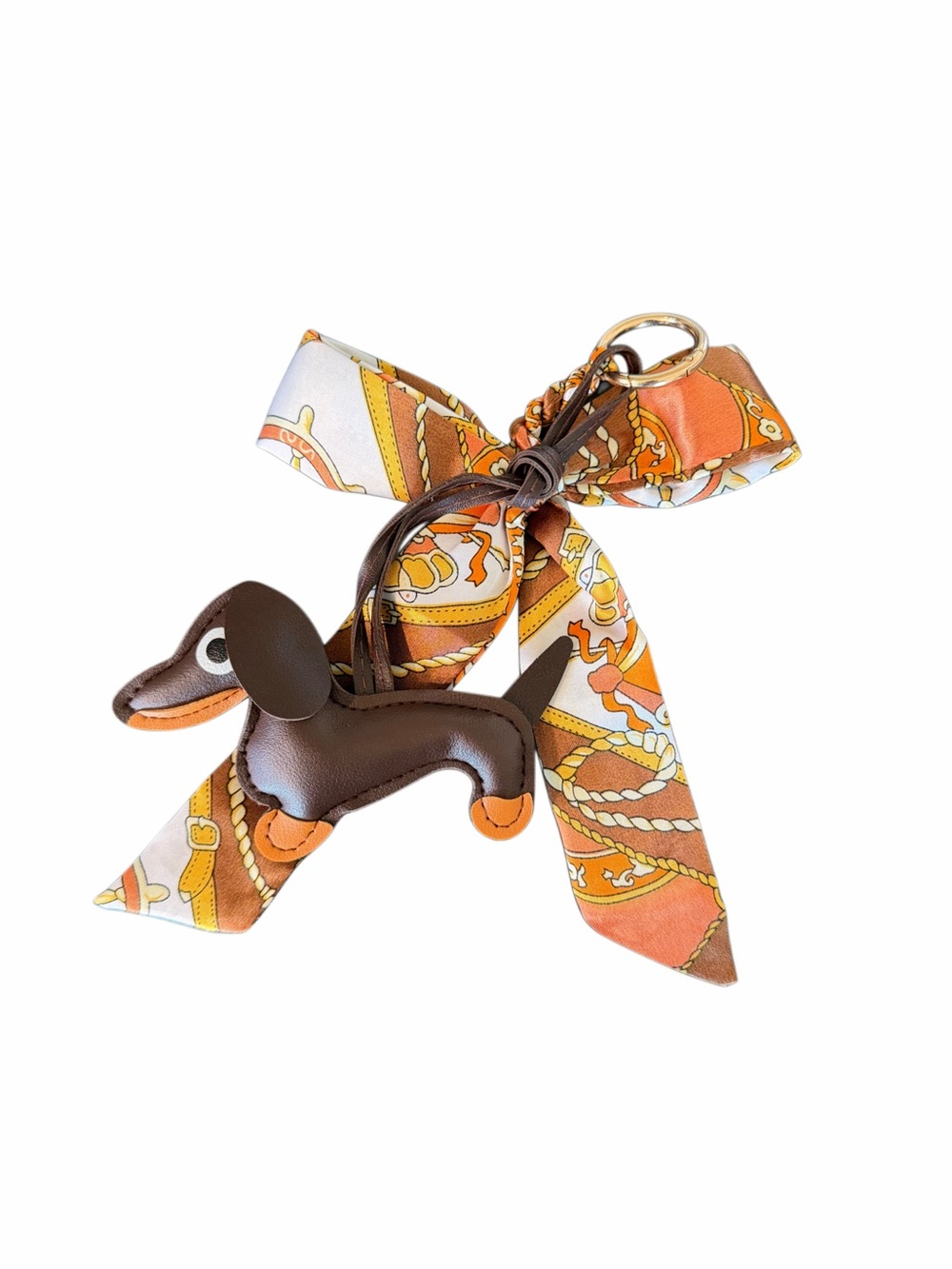 Leather Dachshund Key Charm with Orange Printed Scarf- Handbag or Key- Gift Idea